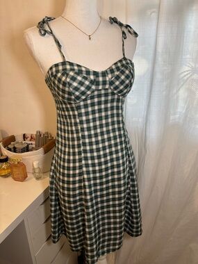 American Eagle Green Plaid Tie-Strap Bustier Sundress
